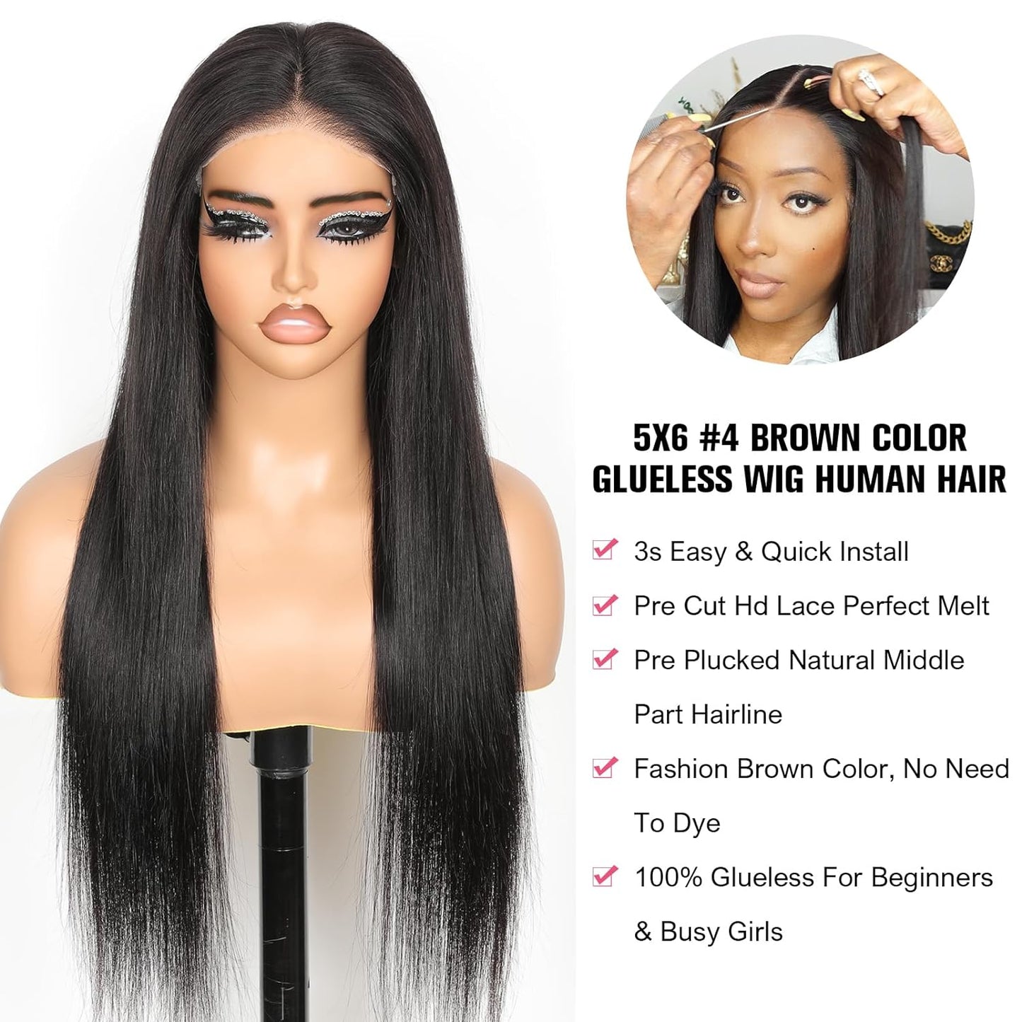 5x6 Wear And Go Glueless Wig for Beginners, Straight Lace Front Glueless Wigs Human Hair Pre Plucked Pre Cut, 15A Hd Lace Closure Wigs Human Hair