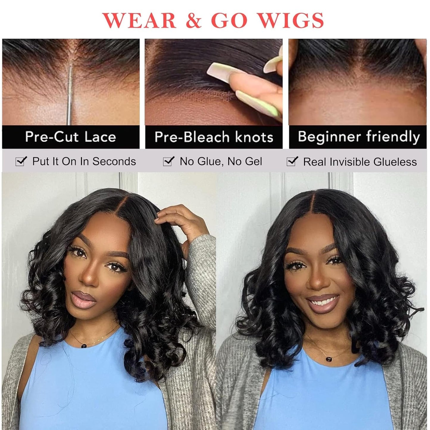 Beluck Wear And Go Glueless Wig Bob Wig Human Hair, 4x4 Closure Wigs Body Wave Glueless Wigs Human Hair Pre Plucked Pre Cut Lace Glueless Wig Wear And Go For Beginners