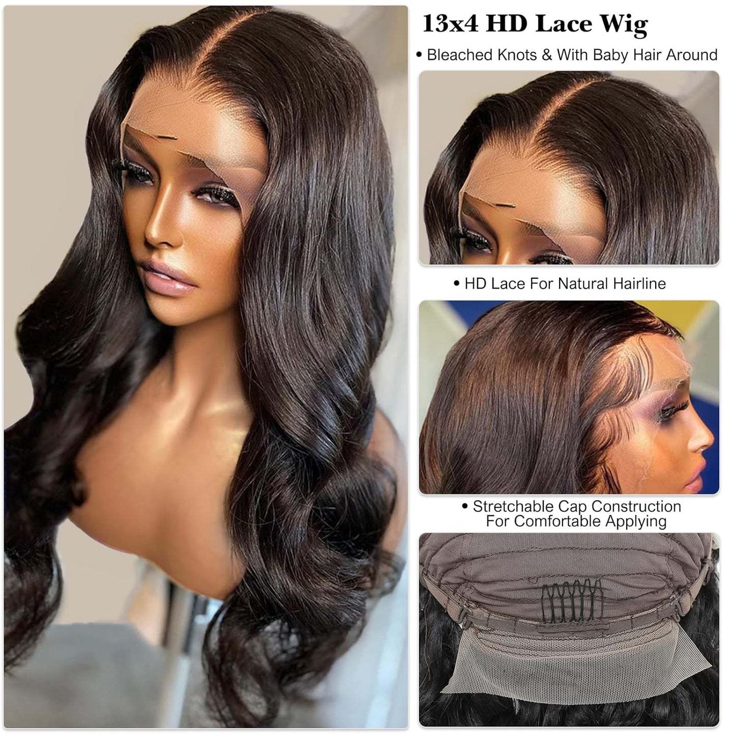 250 Density HD Lace Front Wigs Human Hair, Body Wave Lace Front Wig Human Hair 13x4 HD Lace Front Wigs Human Hair Pre Plucked Bleached Knots