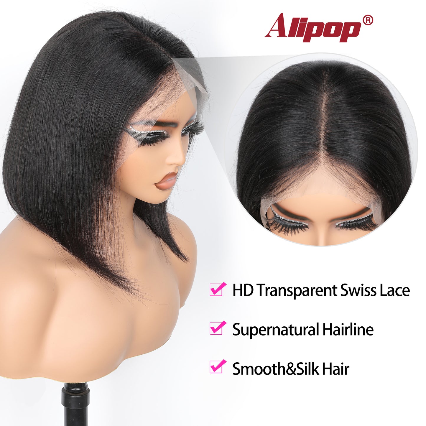 ALIPOP 13x4 Lace Front Wigs Human Hair Bob Wigs For Black Women Natural Black Color