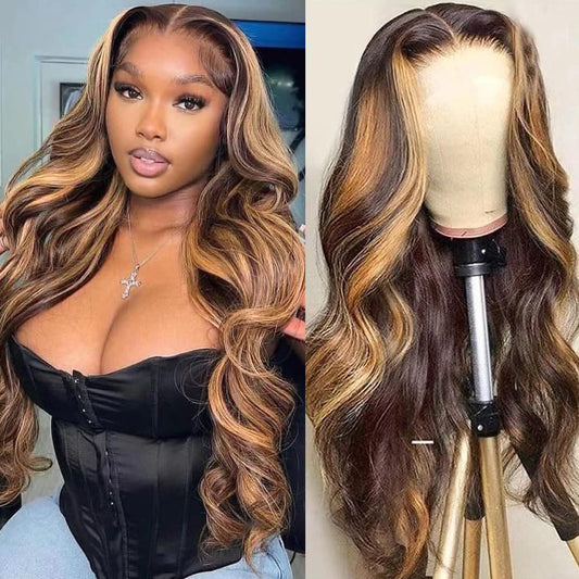Beluck 13x4 Ombre Highlight Lace Front Wig 4/27 Body Wave Human Hair Wigs 13x4 HD Transparent Lace Frontal Wigs Pre Plucked with Baby Hair