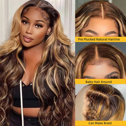 Beluck 13x4 Ombre Highlight Lace Front Wig 4/27 Body Wave Human Hair Wigs 13x4 HD Transparent Lace Frontal Wigs Pre Plucked with Baby Hair