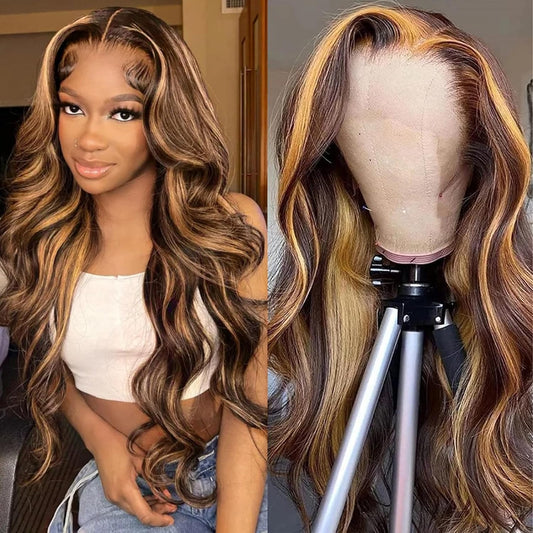Beluck 13x6 Highlight Lace Front Wigs Human Hair Body Wave HD Lace Frontal Wigs 4/27 Honey Blonde Ombre Colored Human Hair Wigs for Women Pre Plucked