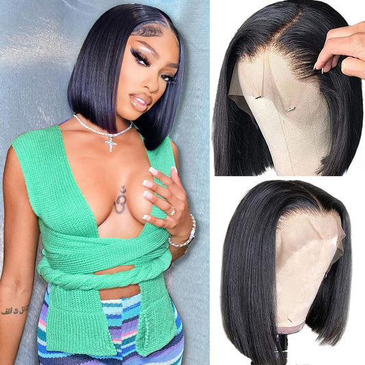 ALIPOP 13x4 Lace Front Wigs Human Hair Bob Wigs For Black Women Natural Black Color