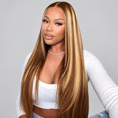 Pull & Go 13x6 Drawstring Highlight Lace Front Human Hair Wig | 220% Density Honey Blonde Glueless Wig
