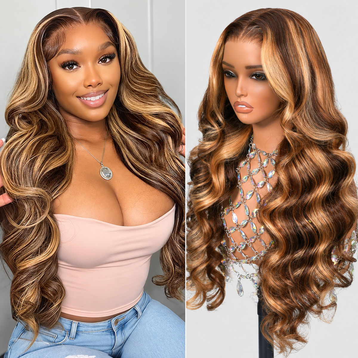 13x6 Honey Blonde Body Wave Highlight Lace Front Human Hair Wig 4/27 – 220% Density
