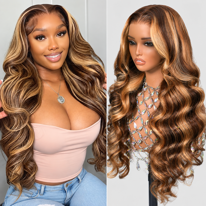 13x6 Honey Blonde Body Wave Highlight Lace Front Human Hair Wig 4/27 – 220% Density