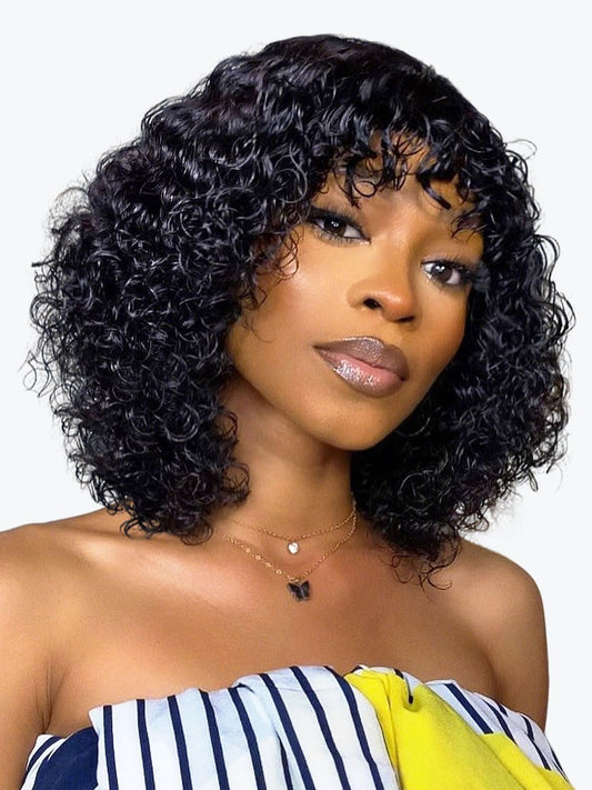 Wig with Bangs 4x2 Lace Short Water Wave Curly Glueless Wigs Layered Bob Wig