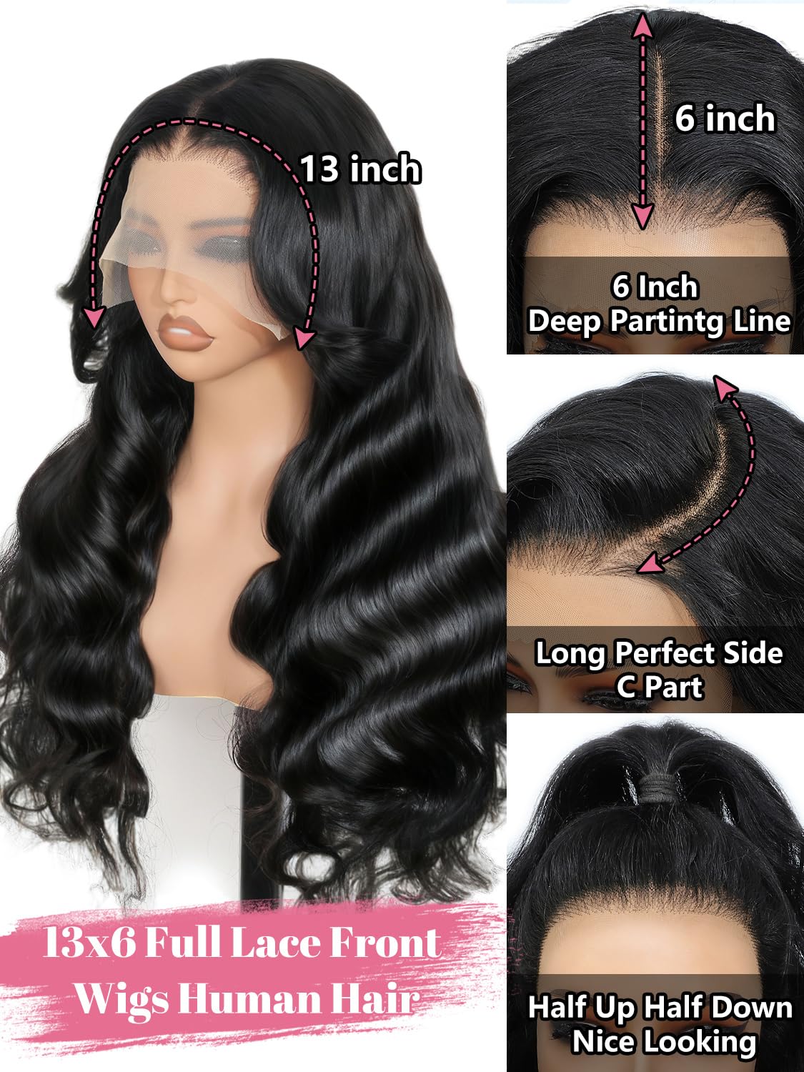 Glueless 13x6 Lace Front Wigs Human Hair 220% Density Body Wave Human Hair