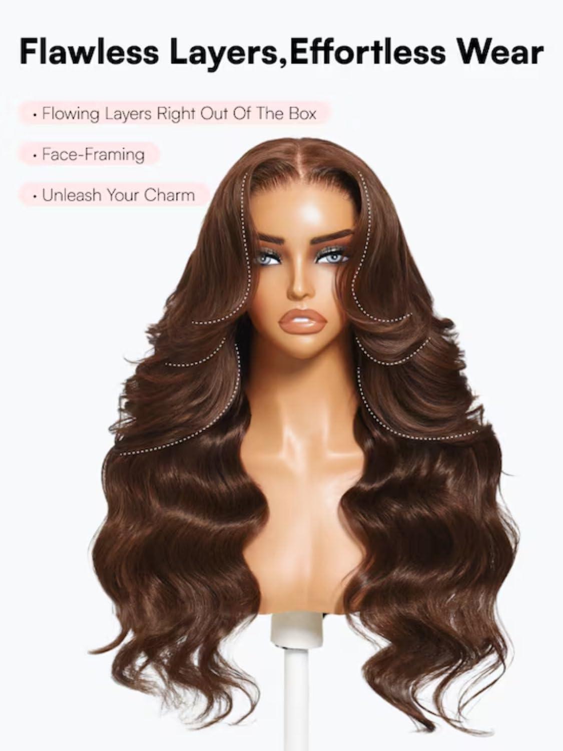 [Super Sale]250% Density 13x6 Full Lace Front Human Hair Wig Chocolate Brown Loose Body Wave 13x6 Lace Front Human Hair Wig Pre Plucked Pre Cut Face Framing Layers Glueless Drawstring Wear and Go Drawstring Wigs