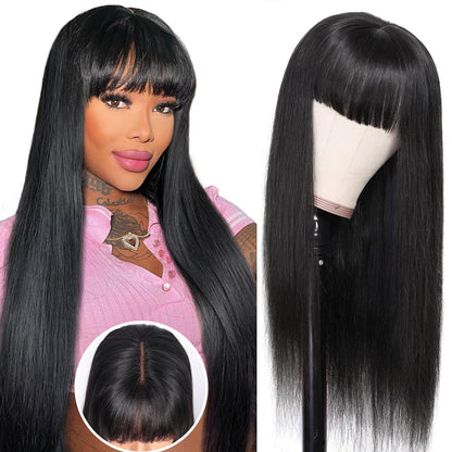 Straight Human Hair Wigs with Bangs 180% Density 2x4 Lace Front Wigs with Bangs Closure Wear and Go Glueless Wigs 100% Brazilian Virgin Human Hair Wigs for Women