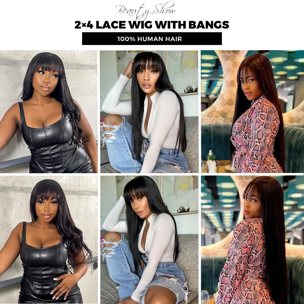 Straight Human Hair Wigs with Bangs 180% Density 2x4 Lace Front Wigs with Bangs Closure Wear and Go Glueless Wigs 100% Brazilian Virgin Human Hair Wigs for Women