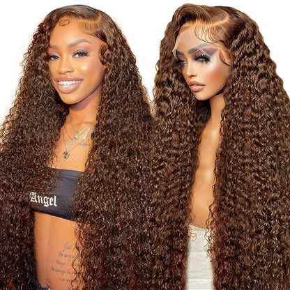 13X6 Chocolate Brown Lace Front Wig, Water Wave Wet And Wavy Lace Front Wigs Human Hair, Curly Glueless Pre Plucked Bleached Knots Lace Front Wig, Hd Lace Frontal Wig 13x6 Colored