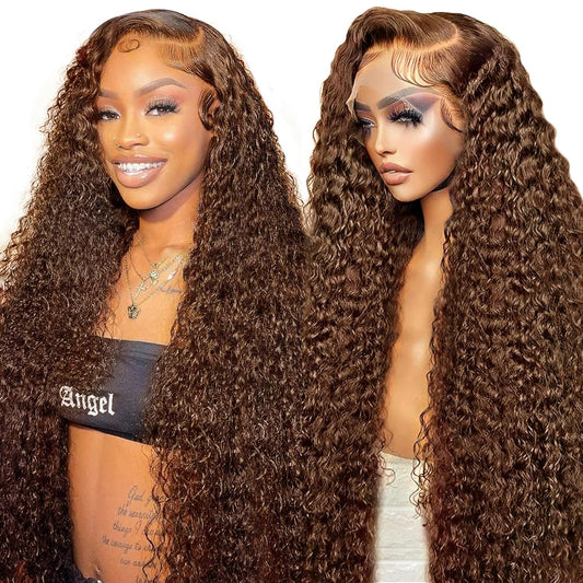 13X6 Chocolate Brown Lace Front Wig, Water Wave Wet And Wavy Lace Front Wigs Human Hair, Curly Glueless Pre Plucked Bleached Knots Lace Front Wig, Hd Lace Frontal Wig 13x6 Colored