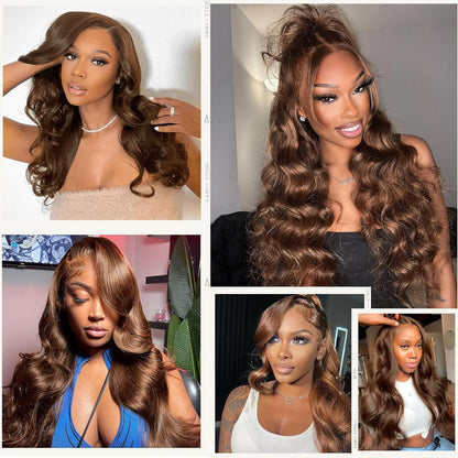 13X6 Chocolate Brown Lace Front Wig Human Hair Pre Plucked, 13x6 lace front wigs human hair 200 Density Body Wave Frontal Wigs Human Hair Hd Lace, Glueless 13x6 Lace Front Wigs Human Hair Colored With Baby Hair