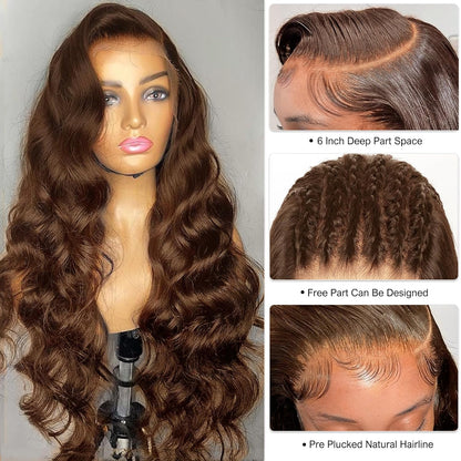 13X6 Chocolate Brown Lace Front Wig Human Hair Pre Plucked, 13x6 lace front wigs human hair 200 Density Body Wave Frontal Wigs Human Hair Hd Lace, Glueless 13x6 Lace Front Wigs Human Hair Colored With Baby Hair
