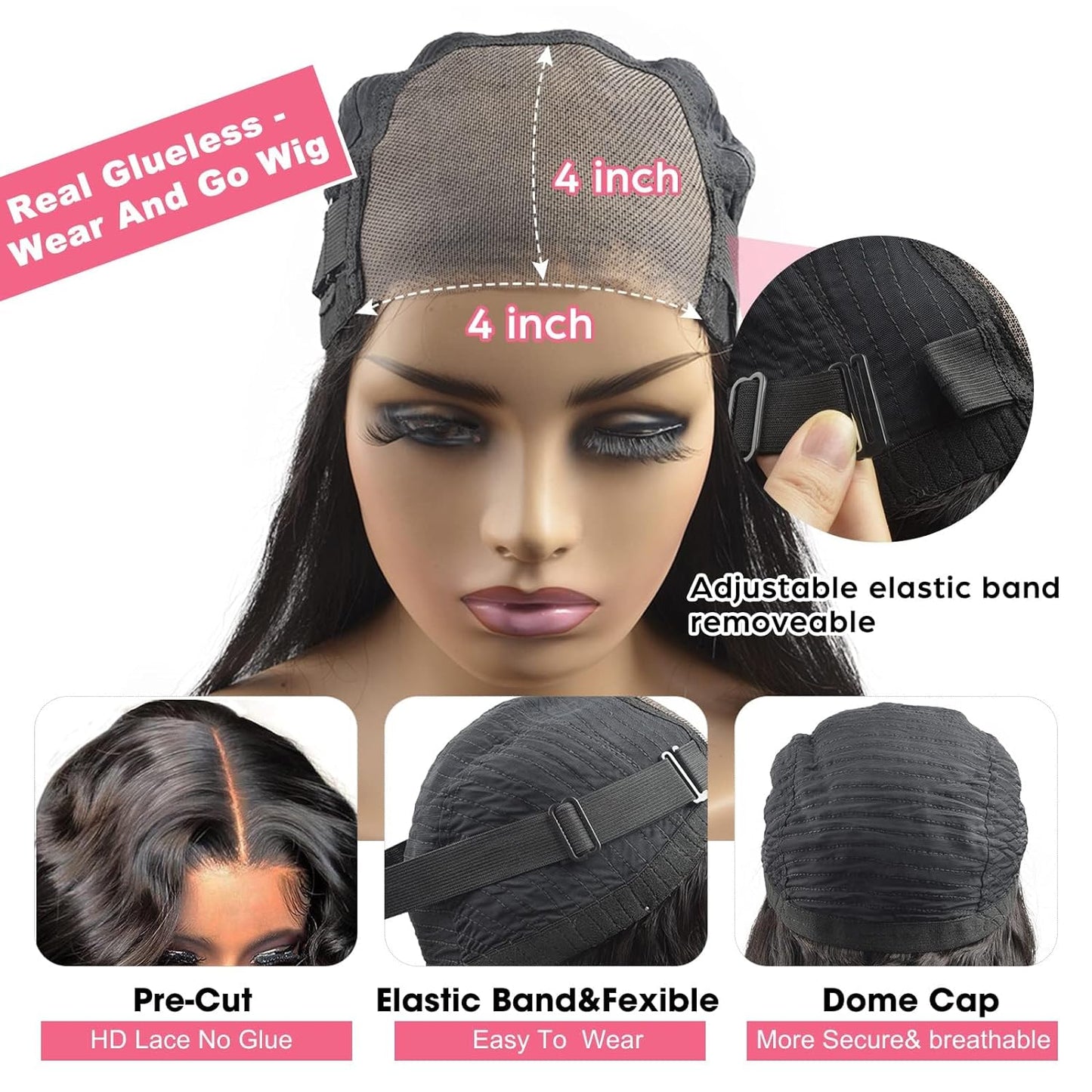 Wear And Go Glueless Wig Bob Wig Human Hair, 4x4 Closure Wigs Body Wave Glueless Wigs Human Hair Pre Plucked Pre Cut Lace Glueless Wig Wear And Go For Beginners