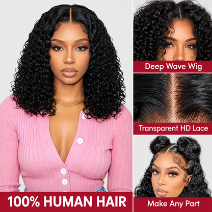 Glueless Deep Wave Bob Wig 13x6 HD Lace Front Human Hair Pre Cut Lace Bleached Knots