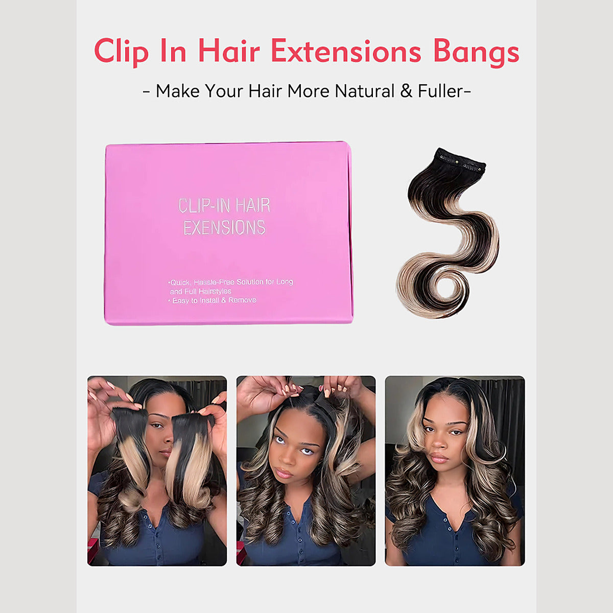 Beluck Balayage Highlight U Part Wig 1B/22 Straight & Body Wave With Clip In Bangs 18-28 Inch - 4