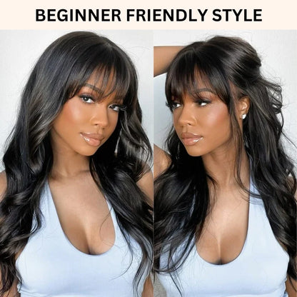 Beluck Body Wave Throw & Go Wig With Bangs Human Hair 2x4 Lace Front Wig