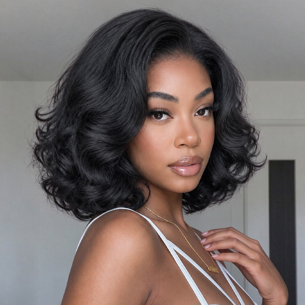 Beluck Bouncy Loose Wave Bob Half Wig Yaki Texture Blowout Style 3 In 1 12-14 Inch Natural Black - 3