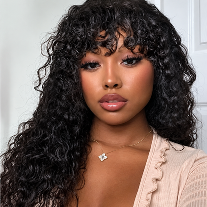Beluck Deep Wave Throw And Go Glueless Wig With Bangs 2x4 Lace Natural Color Human Hair Wig