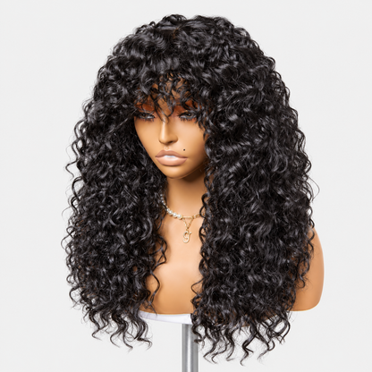 Beluck Deep Wave Throw And Go Glueless Wig With Bangs 2x4 Lace Natural Color Human Hair Wig
