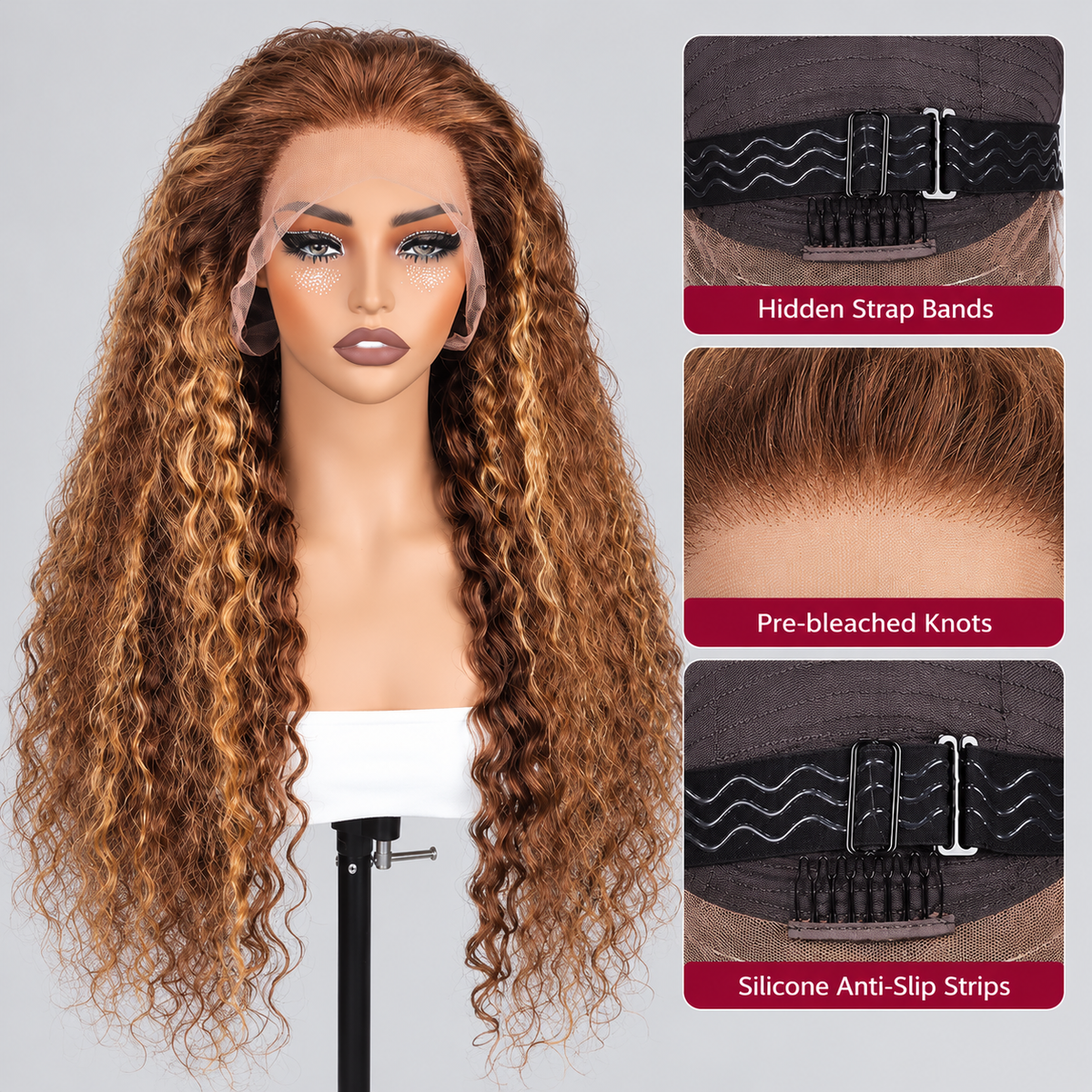 Deep Wave Highlight Ombre Invisi Strap 360 Skin Lace Glueless Human Hair Wig
