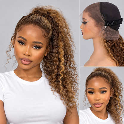 Deep Wave Highlight Ombre Invisi Strap 360 Skin Lace Glueless Human Hair Wig