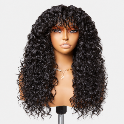 Beluck Deep Wave Throw And Go Glueless Wig With Bangs 2x4 Lace Natural Color Human Hair Wig