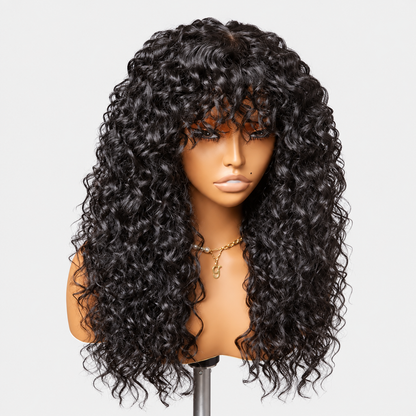 Beluck Deep Wave Throw And Go Glueless Wig With Bangs 2x4 Lace Natural Color Human Hair Wig