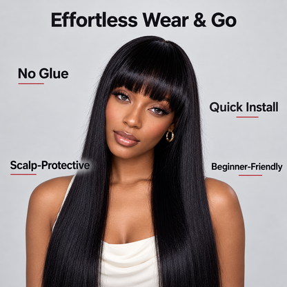 Beluck Straight Throw & Go Wig With Bangs Human Hair 2x4 Lace Front Wig