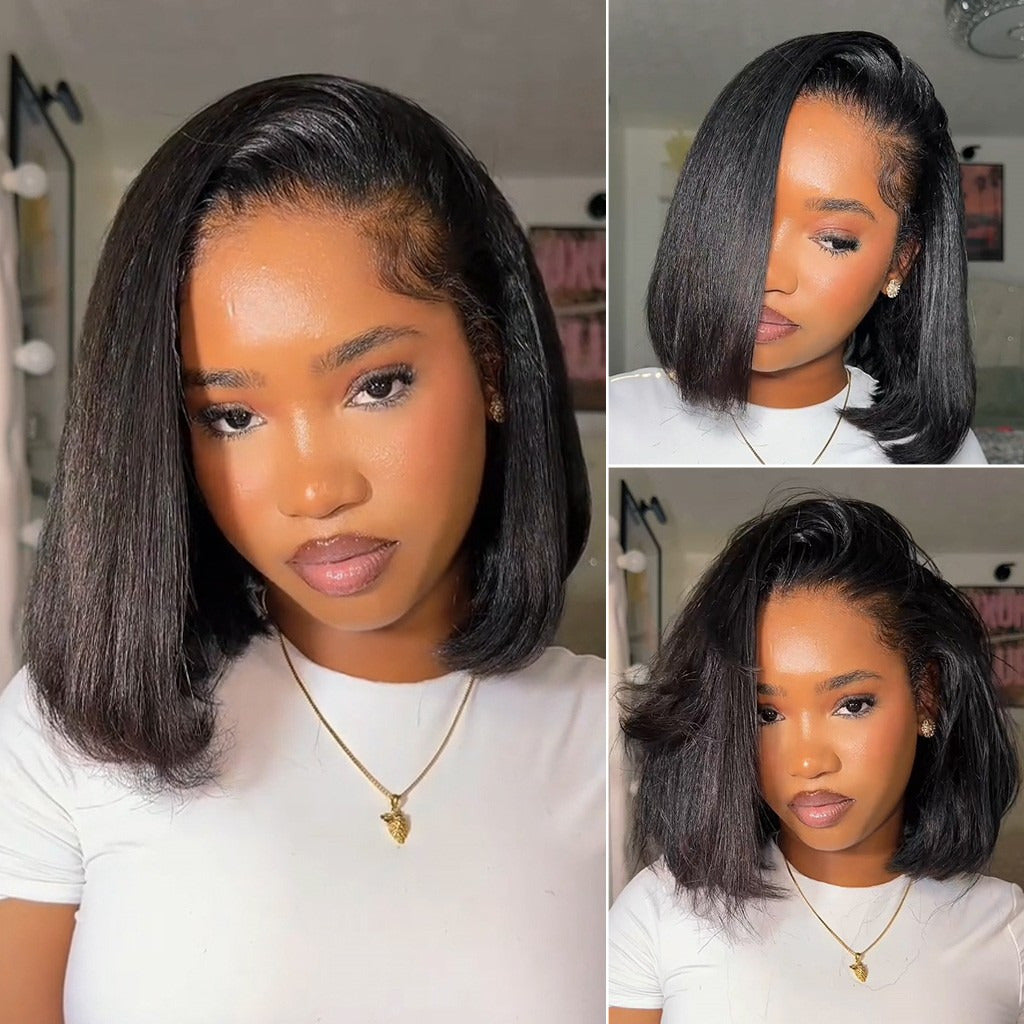 Beluck Kinky Straight Bob Half Wig Flip Over Seamless Blend Natural Hairline 10-26 Inch Natural Black - 1