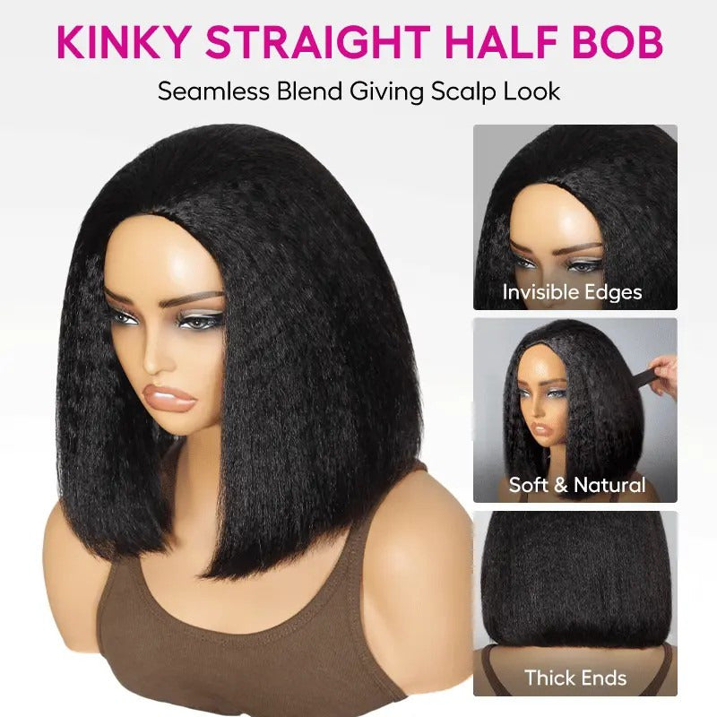 Beluck Kinky Straight Bob Half Wig Flip Over Seamless Blend Natural Hairline 10-26 Inch Natural Black - 10