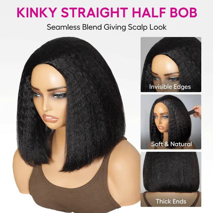 Beluck Kinky Straight Bob Half Wig Flip Over Seamless Blend Natural Hairline 10-26 Inch Natural Black - 10