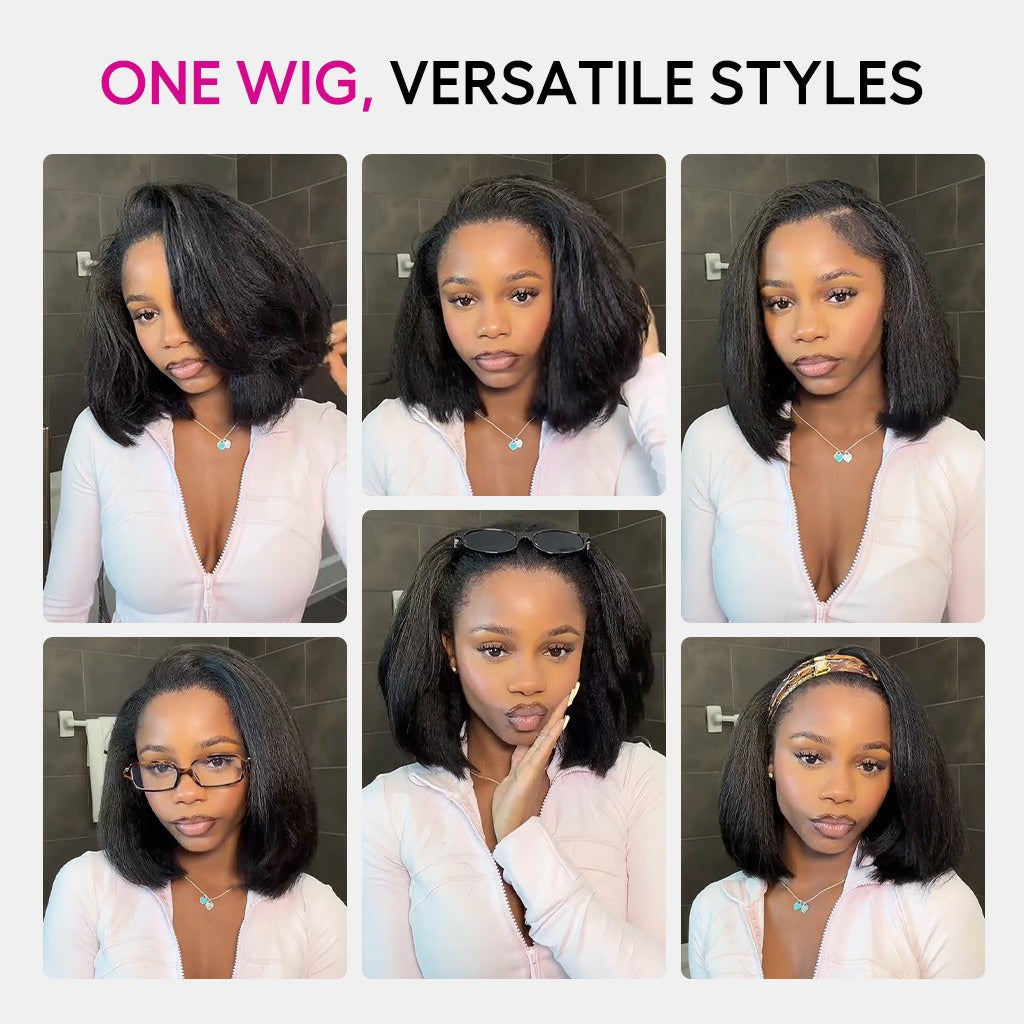 Beluck Kinky Straight Bob Half Wig Flip Over Seamless Blend Natural Hairline 10-26 Inch Natural Black - 12