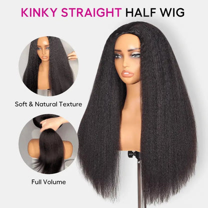 Beluck Kinky Straight Bob Half Wig Flip Over Seamless Blend Natural Hairline 10-26 Inch Natural Black - 15