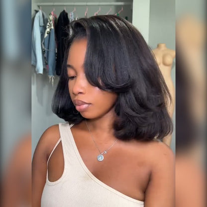 Beluck Kinky Straight Bob Half Wig Flip Over Seamless Blend Natural Hairline 10-26 Inch Natural Black - 2