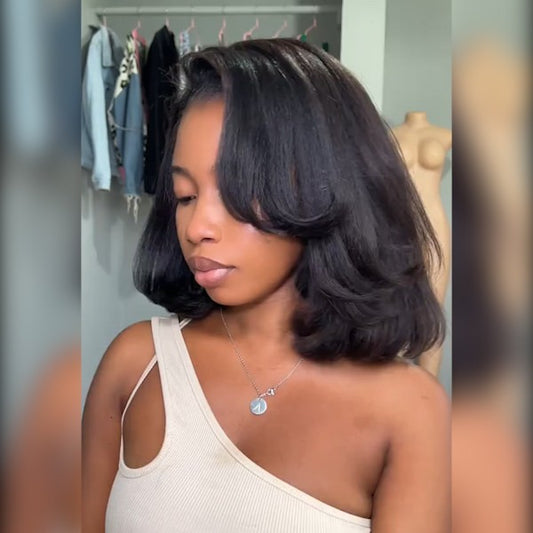 Beluck Kinky Straight Bob Half Wig Flip Over Seamless Blend Natural Hairline 10-26 Inch Natural Black - 2