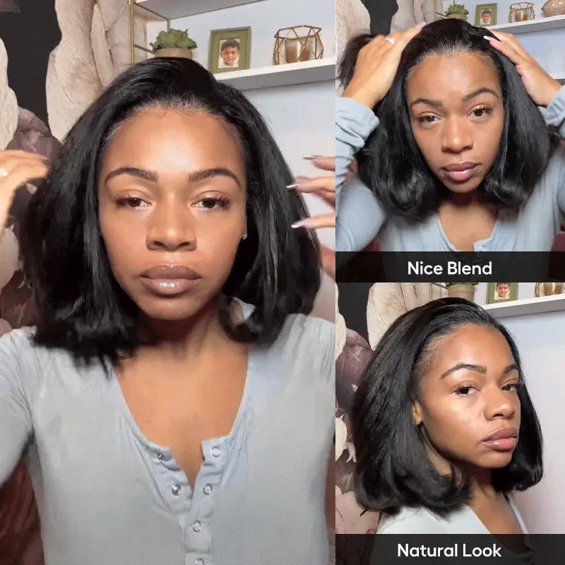 Beluck Kinky Straight Bob Half Wig Flip Over Seamless Blend Natural Hairline 10-26 Inch Natural Black - 4