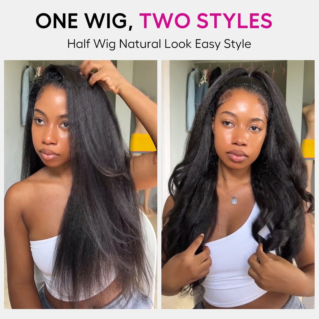 Beluck Kinky Straight Bob Half Wig Flip Over Seamless Blend Natural Hairline 10-26 Inch Natural Black - 7
