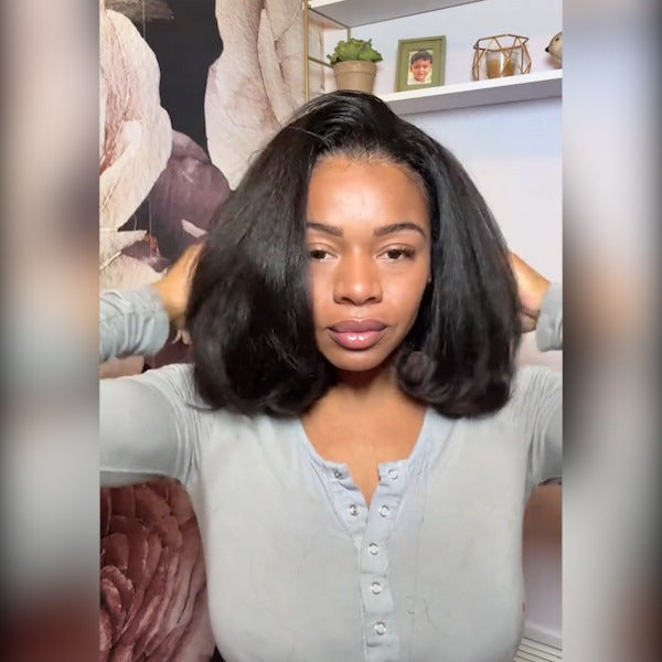 Beluck Kinky Straight Bob Half Wig Flip Over Seamless Blend Natural Hairline 10-26 Inch Natural Black - 8