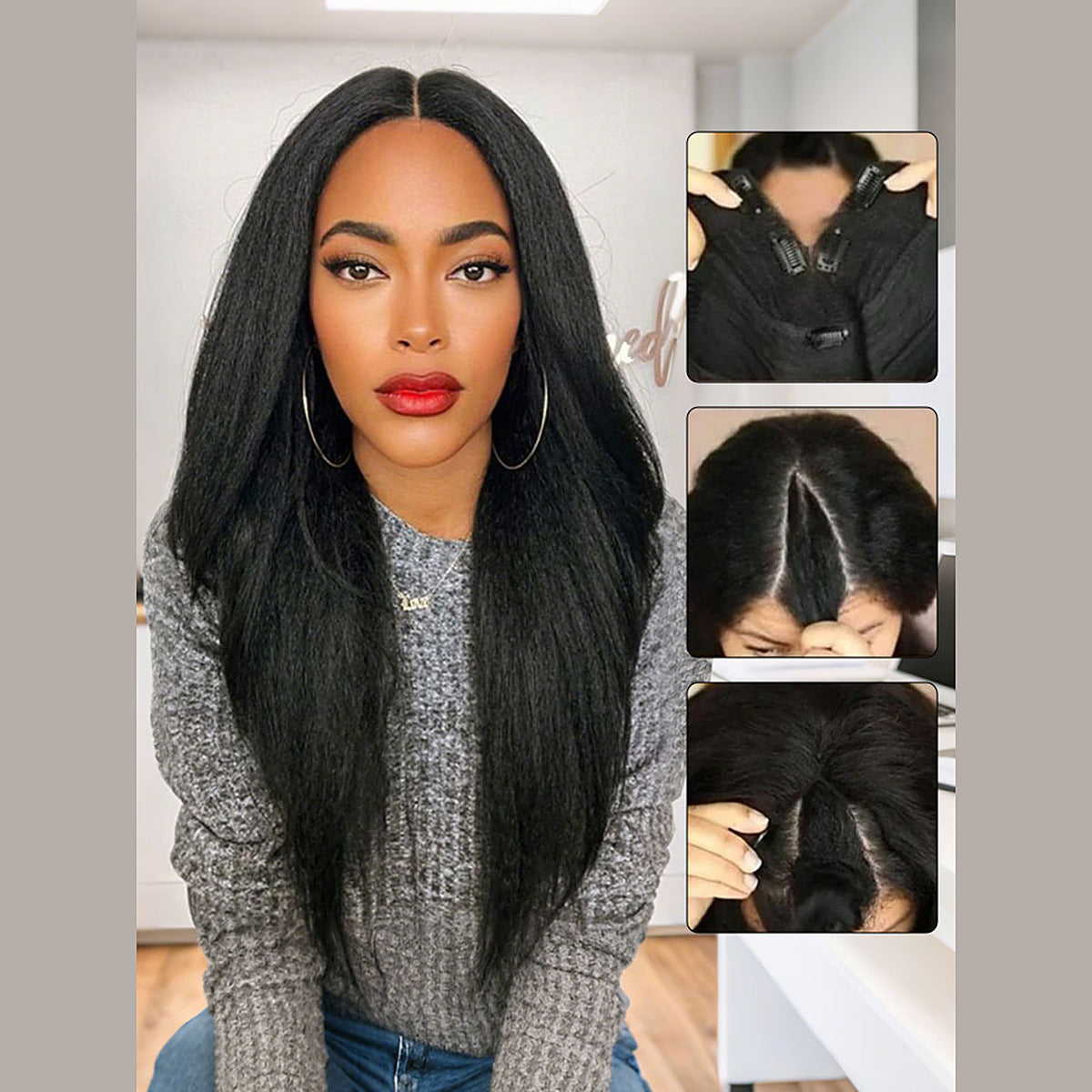 Beluck Kinky Straight V Part Wig Pull Go Glueless 16-28 Inch Natural Black - 3