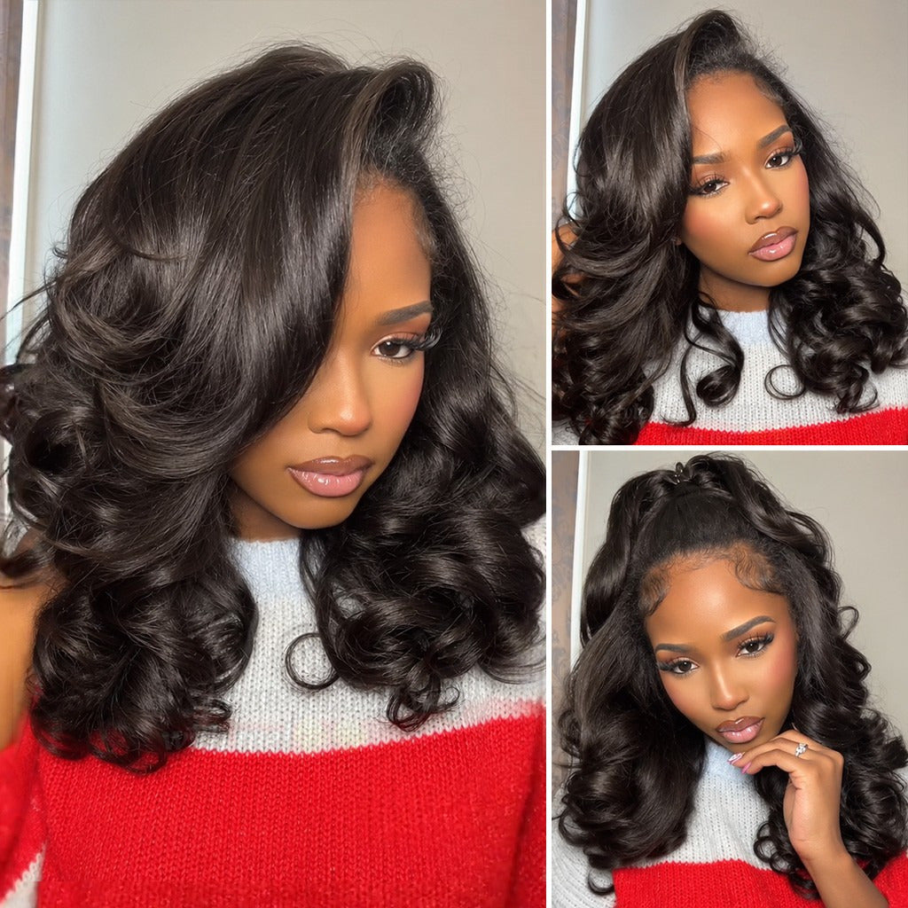 Beluck Pre-Layered Yaki Body Wave Half Wig Flip Over Glueless Drawstring Cap 16-28 Inch Natural Black - 1