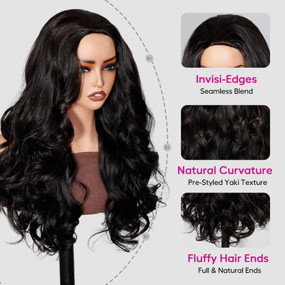 Beluck Pre-Layered Yaki Body Wave Half Wig Flip Over Glueless Drawstring Cap 16-28 Inch Natural Black - 12