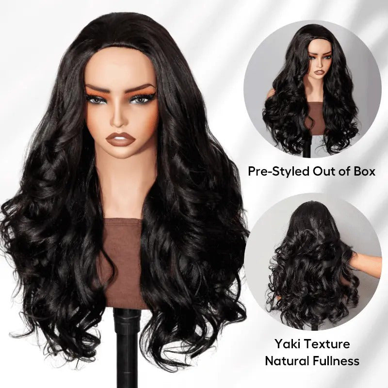 Beluck Pre-Layered Yaki Body Wave Half Wig Flip Over Glueless Drawstring Cap 16-28 Inch Natural Black - 13