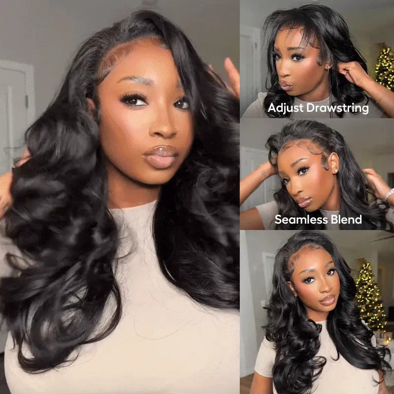 Beluck Pre-Layered Yaki Body Wave Half Wig Flip Over Glueless Drawstring Cap 16-28 Inch Natural Black - 5