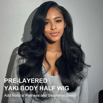 Beluck Pre-Layered Yaki Body Wave Half Wig Flip Over Glueless Drawstring Cap 16-28 Inch Natural Black - 8
