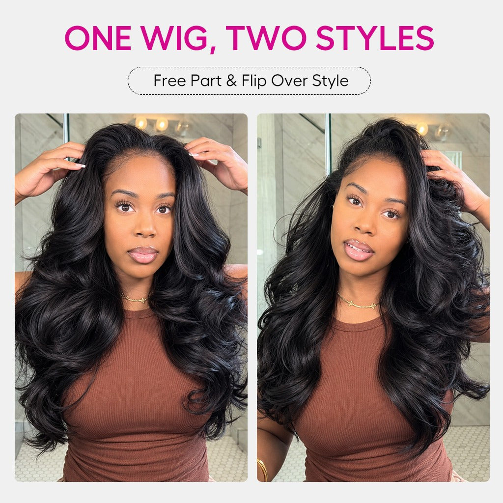 Beluck Pre-Layered Yaki Body Wave Half Wig Flip Over Glueless Drawstring Cap 16-28 Inch Natural Black - 9