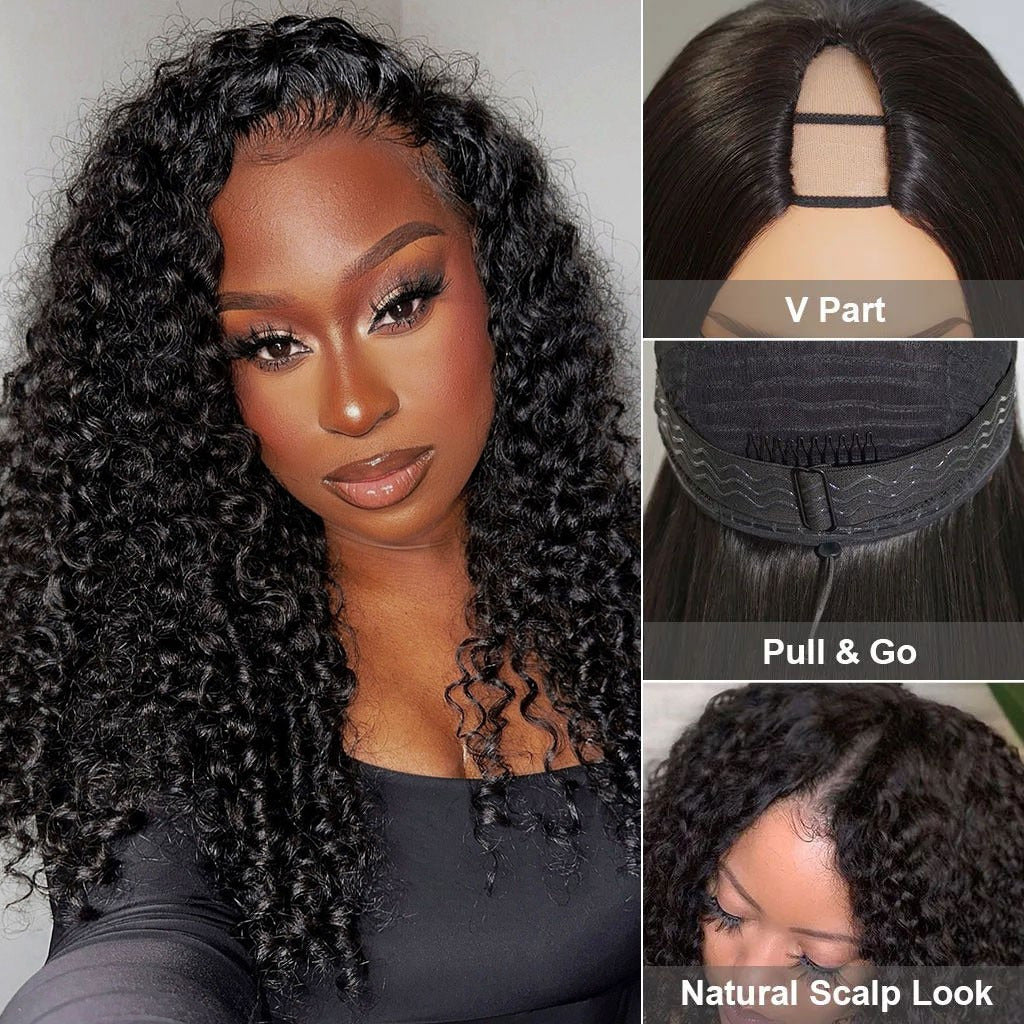 Beluck Raw Burmese Curly Half Wig with Spiral Curly Ends Flip Over V Part 16-26 Inch Natural Black - 11